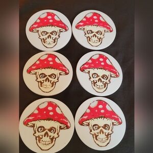 💀NEW 💀 Hand Crafted 6pc Red and White Skull Mushroom Coasters